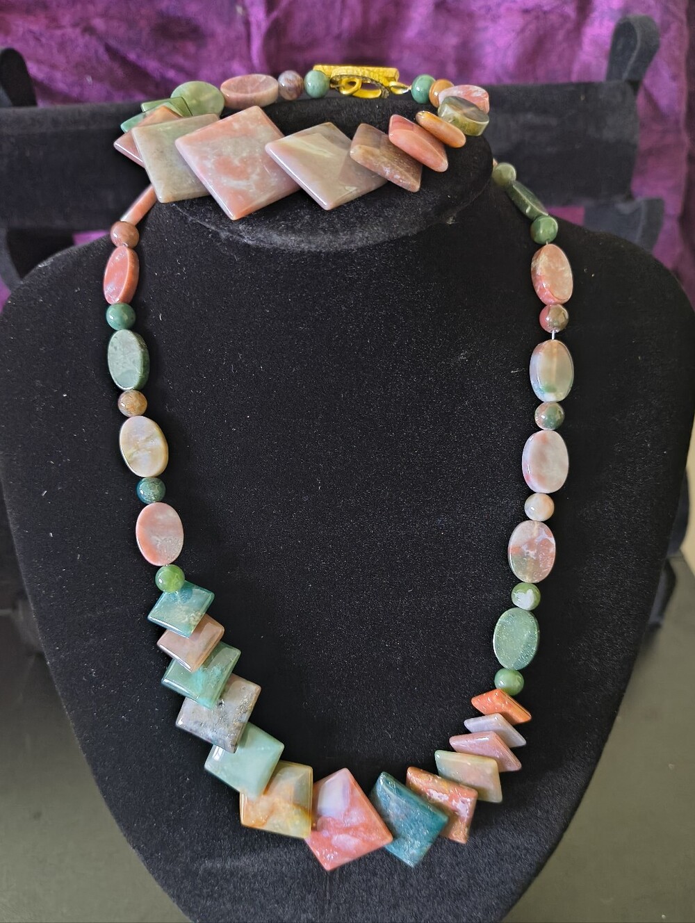 Stunning Vintage Polished Jasper & Moss Agate Natural Stone Necklace & Bracelet